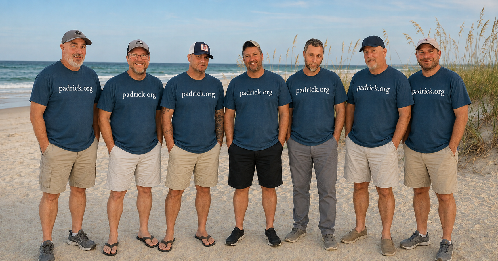 Friends of Padrick wearing padrick.org shirts together at the beach